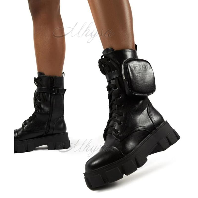 

Boots Women Pocket Boot Lace Up Ladies Ankle Female Buckle Strap Black Chunky Sole Pouch Woman Platform Shoe Fashion