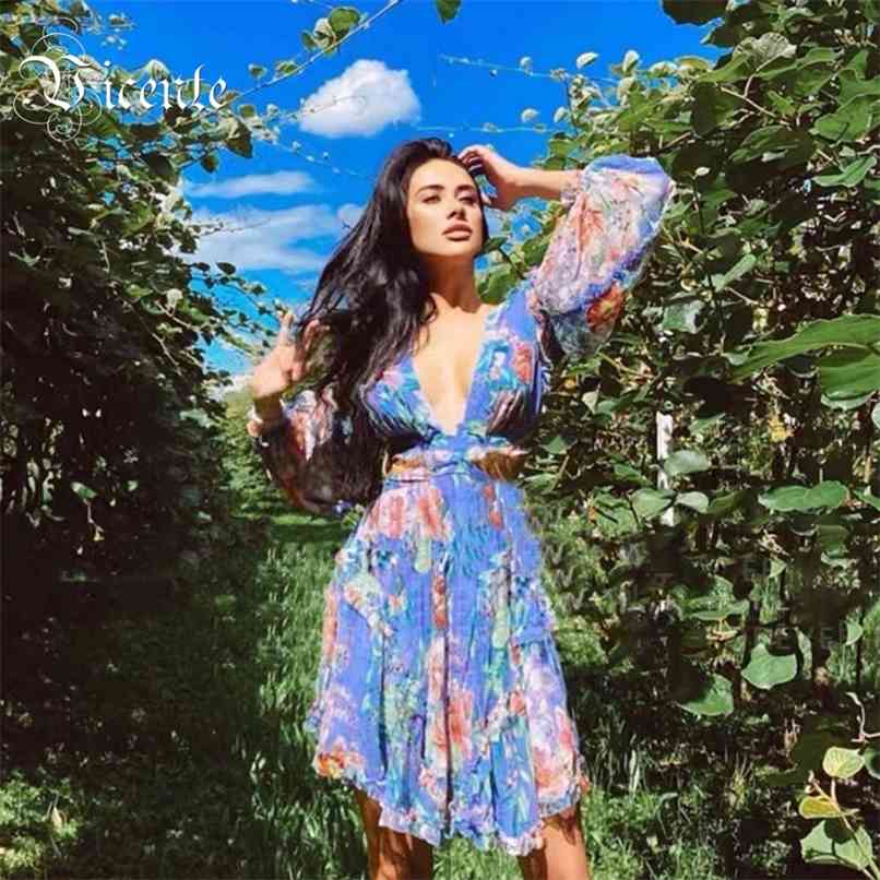

Chic Sweet Floral Print Dress Ruffles Deisgn Sexy Backless Lantern Sleeves Party Casual Mini 210520, Multi