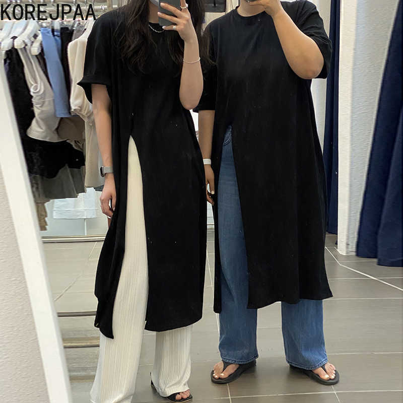 

Korejpaa Women Dress Summer Korean Minimalist All-Match Round Neck Loose Solid Color Short-Sleeved Split T-Shirt Vestidos 210526, Black