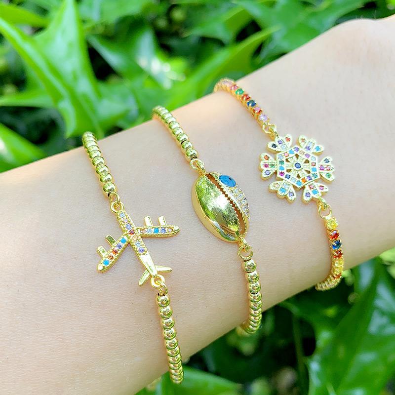 

Charm Bracelets Micro Paved Airplane For Women Flower Shell Gold Adjustable Rainbow Zirconia Wholesale Jewelry Brtc24