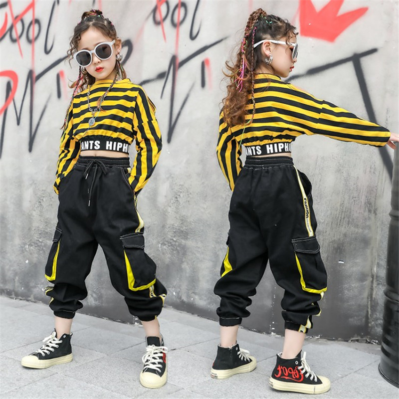 

Hip hop Stripe Clothes Girls Sets Stage Costume Street Dance Jazz Performance Tops Sweatshirt Cargo Pants Teens Girls Kids Suits, 2pcs sets