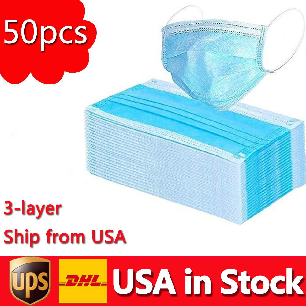 

USA in stock 50pcs Disposable Face Masks 3-Layer Dustproof PM2.5 Safety Men Women Mask