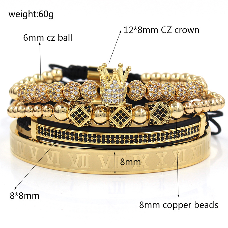 

4pcs/set Gold Black Hip Hop Hand Made Beaded Bracelet Men Copper Pave CZ Zircon Crown Roman Numeral Bangles Bracelets Jewelry 20 style