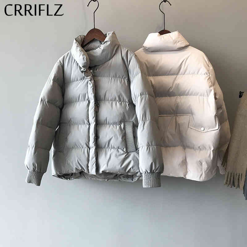 

Casual Short Stand Collar Parka Oversize Coat Winter Down Jacket Women Thick Warm Chic Female Office Lady CRRIFLZ 210520, Black