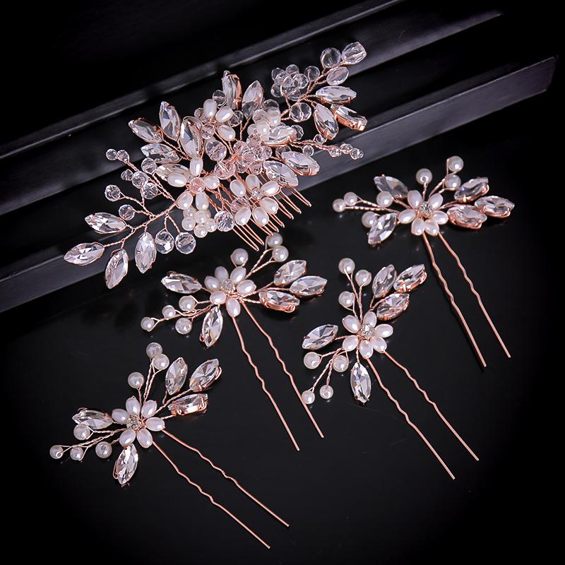 

Hair Clips & Barrettes 5 Pcs Crystal Simulated Pearls Tiara Combs Pins Set Wedding Bridal Women Headpiece Accessories Rose Gold Jewelry, Golden;silver