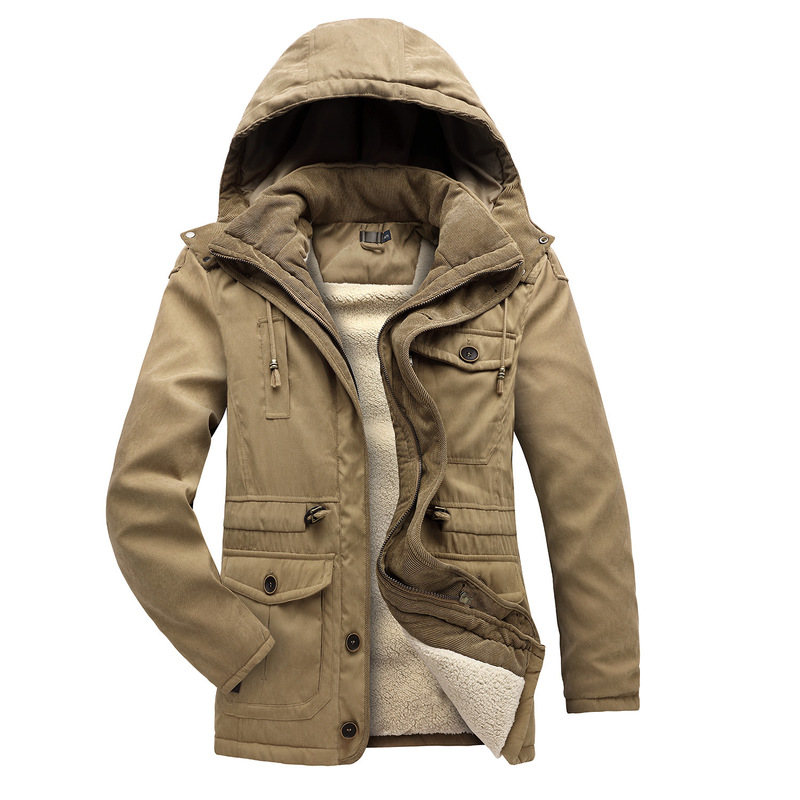 

Beautiful Size Men's Multi-pocket Plus Velvet Plus Size Cotton-padded Jacket, Thick Hooded Cotton-padded Jacket, Mid-length Cotton-padd, Black;brown