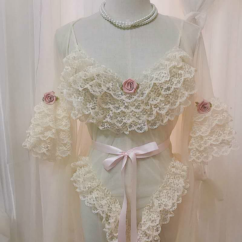 

Sexy Lace Onesies Womens Retro Sling Bodysuit Beauty Flower Blouse Suit Lolita Sexy Mesh Transparent Bow Sleeping Dress, White
