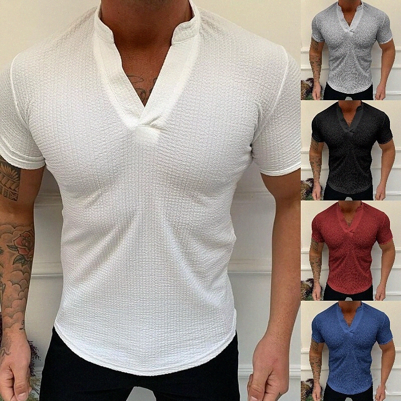 Men's T shirt Solid Color V Neck Casual Daily Short Sleeve Tops Lightweight Fashion Big and Tall Sports Blue White Black 57oI#