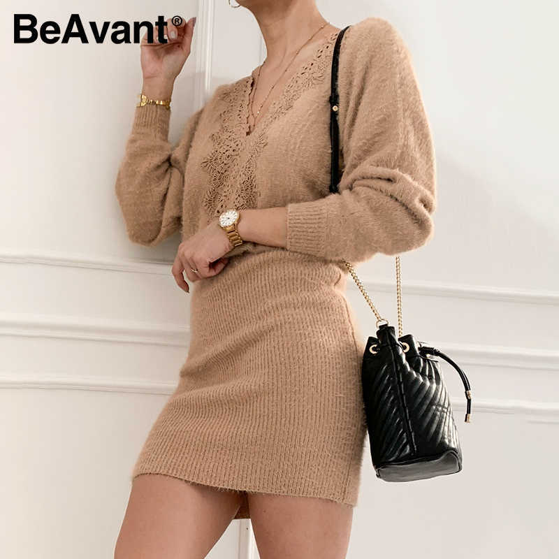 

BeAvant Sexy khaki knitted backless women dress V-neck lace up bodycon short dress Office street autumn winter dress 210709