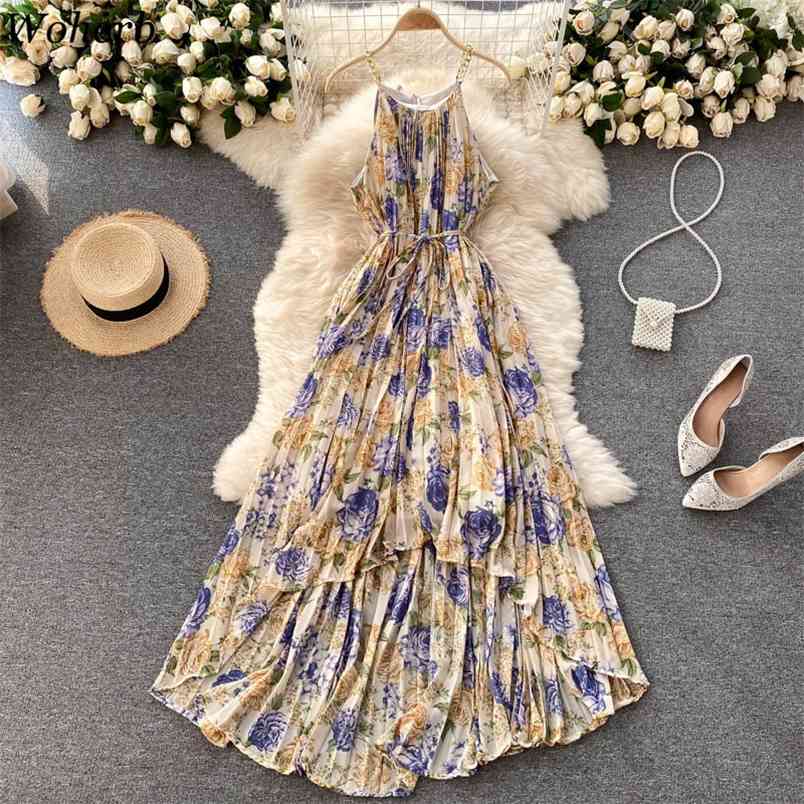 

Sexy Dress Women Chic Chain Sling Robe Summer Ladies Vintage Floral Irregular Pleated Vestidos Chiffon Maxi Dresses 210519, Pink