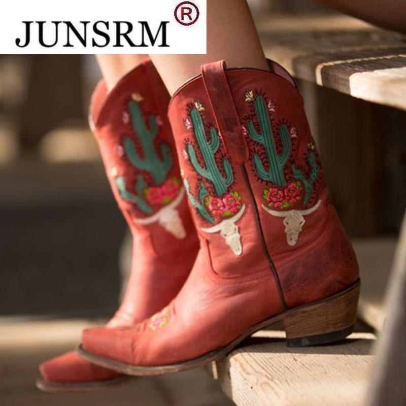 

Boots 2022 Xmas Gift Retro Embroidery Elk Pattern Chunky Heel Ladies Mid Calf Knight Female Christmas Festival Shoes 35-43, Black