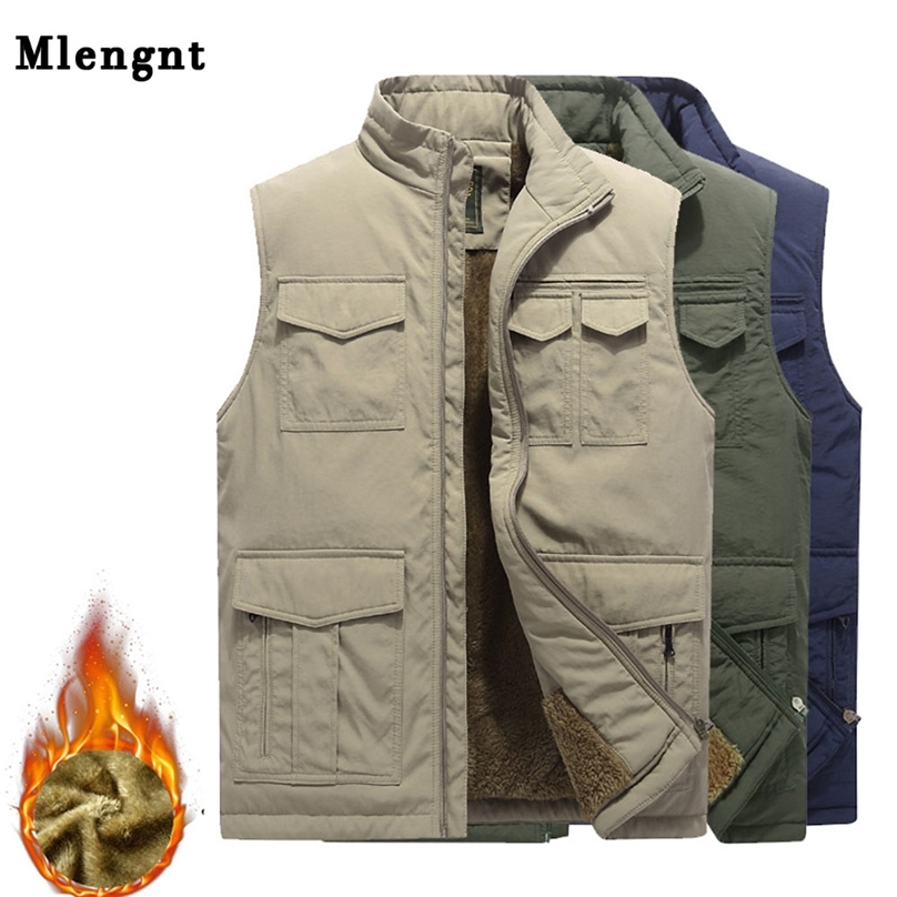 

Thicken Fleece Waterproof Winter Vest Mens Multi Pockets Spring Autumn Waistcoat Pographer Mandarin Collar Sleeveless Jacket 211111, Khaki