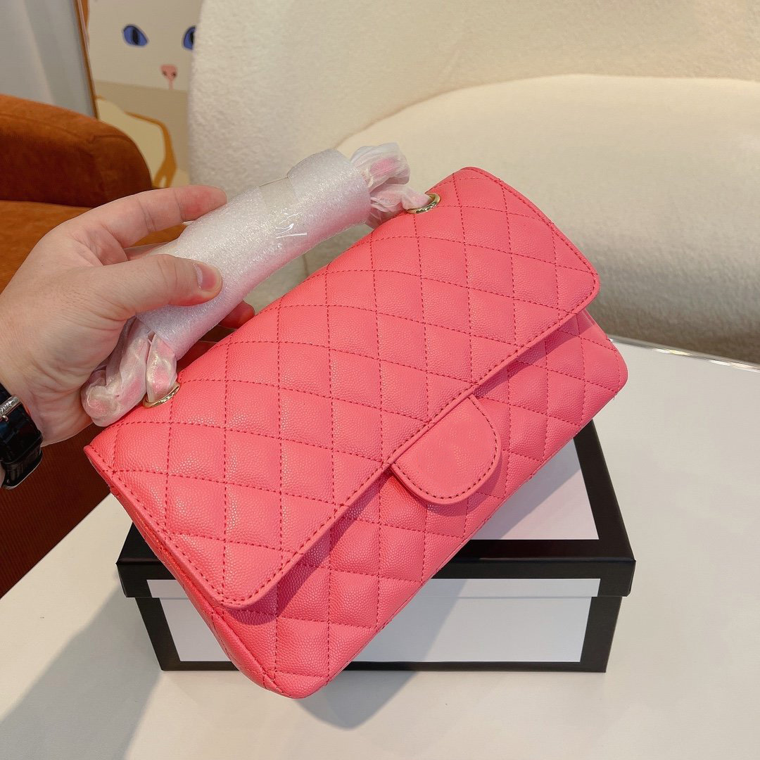 

Designer Classic Beach Caviar Calfskin Bags Top Real Genuine Leather Womens Double Flap Purse Peach Fashion Trends Ladies Girls Collection Small Handbags 25*7*15CM, Box