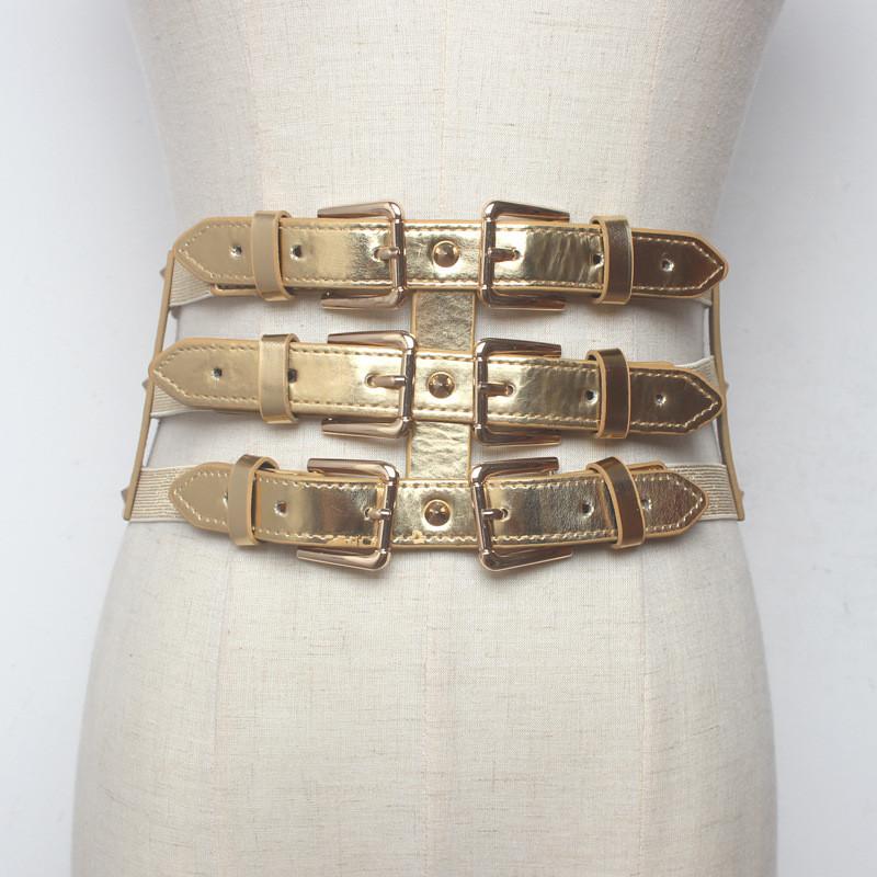 

Belts Fashion Vintage Metal Double Clasp Women Belt Buckle PU Girdle Waistband Wide Elastic Cinturones Mujer, Black