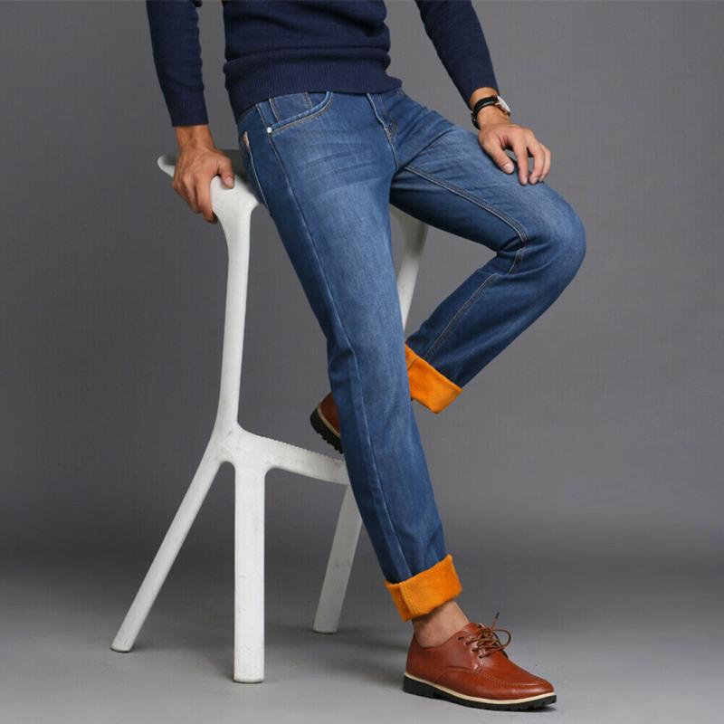 

Men's Jeans Men Winter Thermal Fleeced Lined Denim Long Pants Casual Warm Trousers For Office Travel NFE99, Light blue
