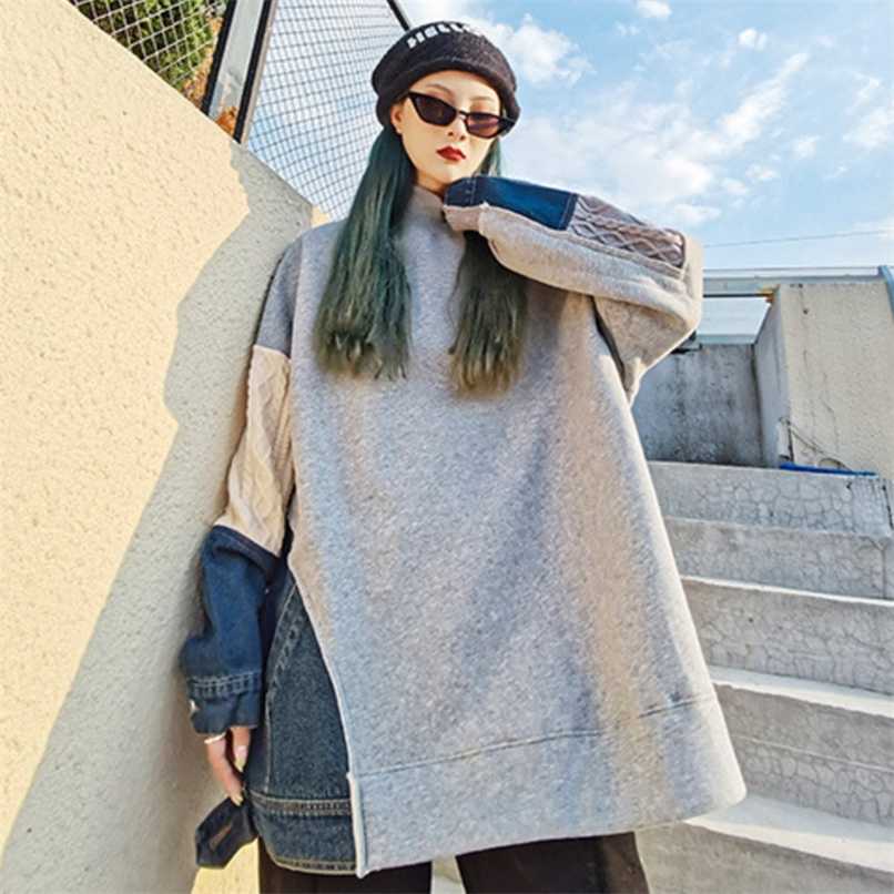 

[EWQ] Autumn Female Casual Tutle Neck Long-sleeved Pullover Patchwork Knit Denim Gray Over Size Sweatshirts Tops 8P101 211109