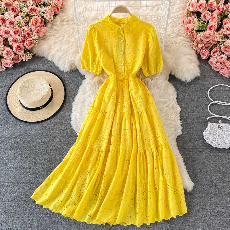 

Women Yellow/Blue/Beige Hollow Out Long Dress Summer Turn-Down Collar Single Breasted Puff Sleeve A-Line Vintage Vestidos 2021 Y0603