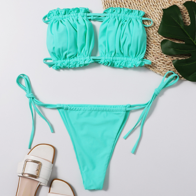 Solid Women&#039;s Sexy Pleated Slim Band Bikini Split Swimsuit 2021 Women-image-678384658