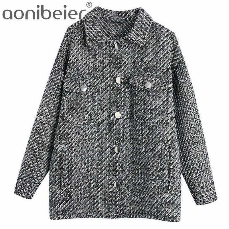 

Women Plaid Coat Jacket Casual High Quality Warm Turn Down Collar Overcoat Fashion Long Sleeve Coats Big Packet Tops 210604, Black