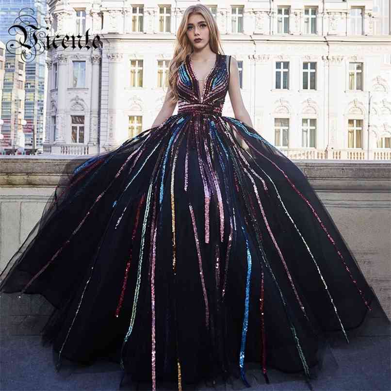 

Chic Sparkle Colorful Striped Sequins Dress Sexy V Neck Backless Celebrity Party Maxi Long 210520, Multi