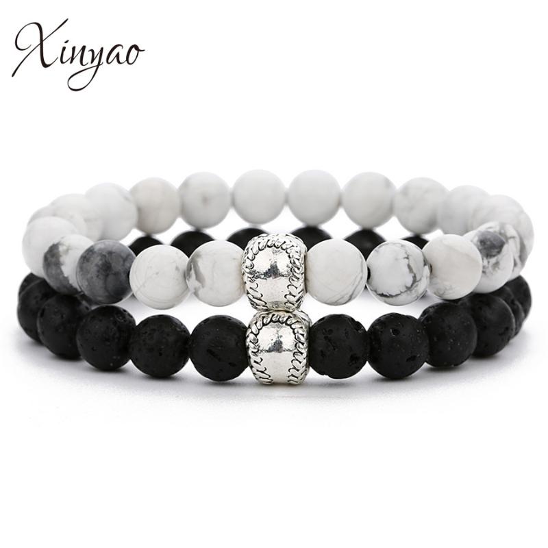 

Beaded, Strands XinYao 8mm Natural Lava Stone Bracelet Bangles Black White Color Elastic Rope Chain Baseball Charm Beads Couple Gifts