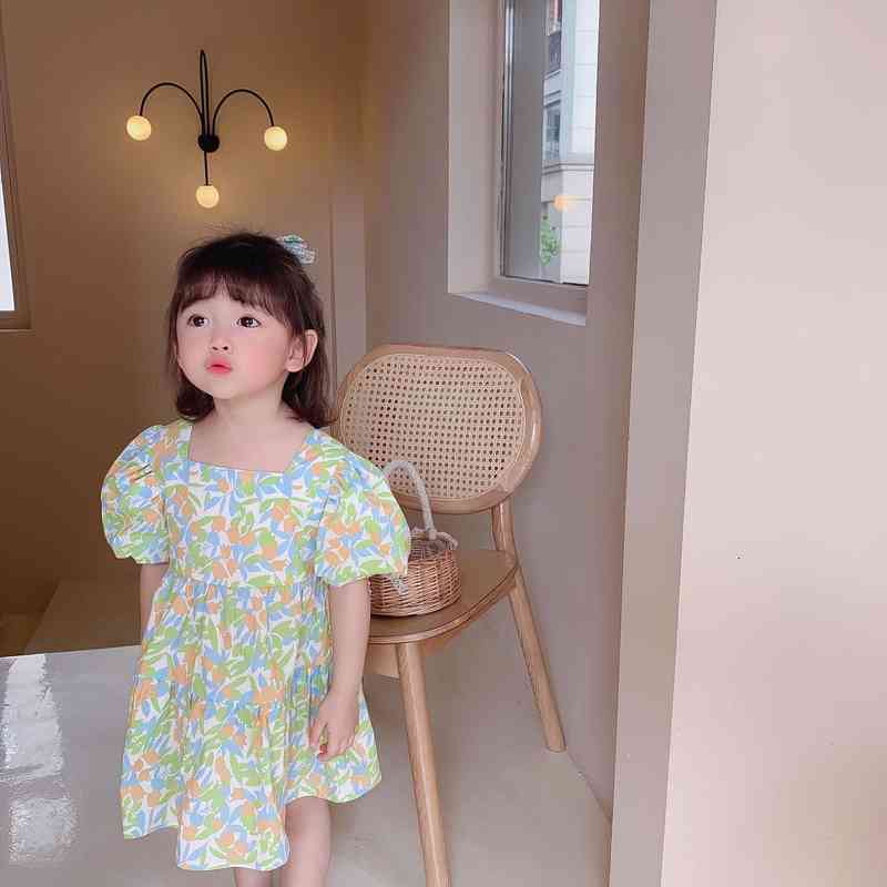 

summer girls leaf printing girl dress cute puff sleeve kids cotton back bowknot casual princess dresses, Red;yellow