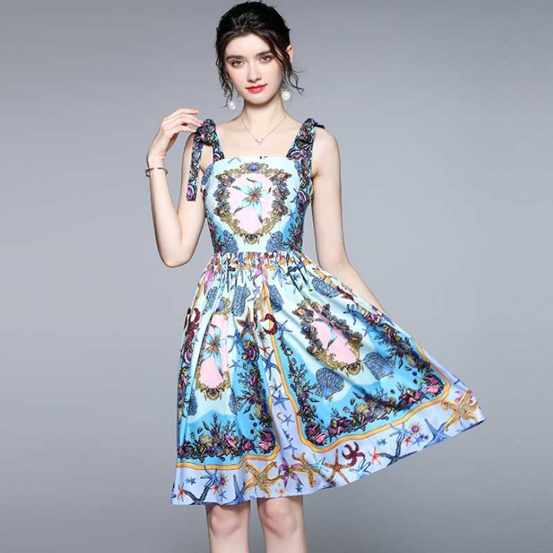 

Summer Boho Dress Women's Spaghetti Strap Fashion Casual Floral print Vacation Elegant Midi 210526, Photo color