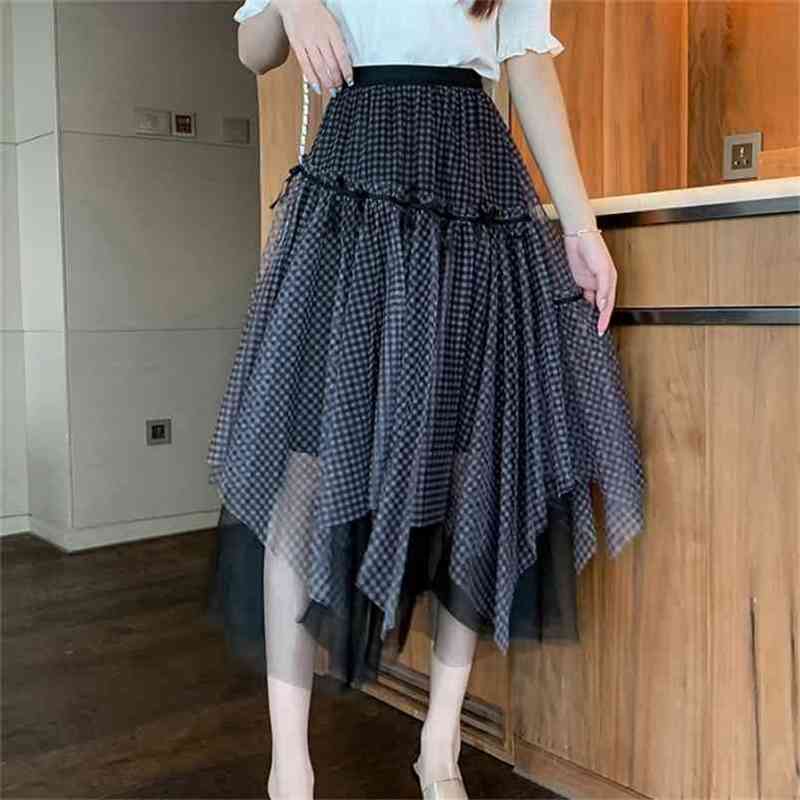 

Fashion Summer Women's Plaid Mesh Midi Skirt High Waist Irregular Casual Skirts Femmle 210519, Picture color