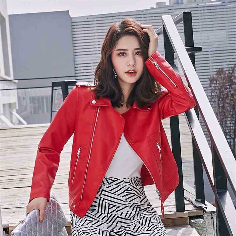 

Women Red Leather Jacket Spring Autumn Zipper Punk Style Biker Faux Leahter Coats Ladies Fashion Clothes Moto Jackets 210525