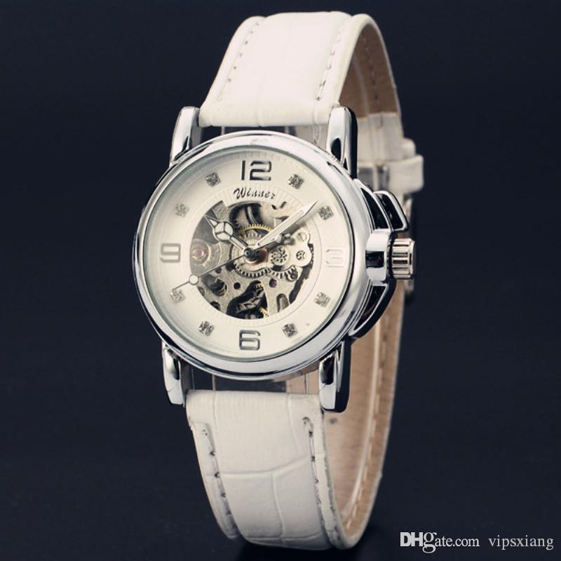 

Women's Automatic Mechanical Casual watch winner Brand watches white black dial Hollow Ladies Leather strap sports Ms wristwach