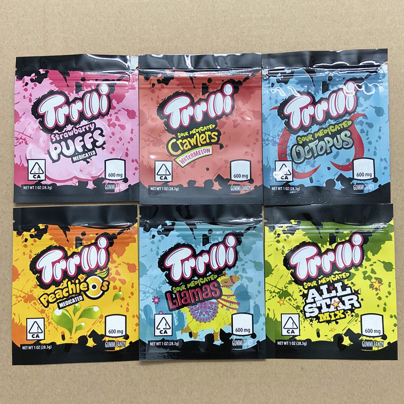 

sour candy gummy medicated mylar bag trolli trrlli Errlli edibles Gummies packaging bags smell proof resealable zipper pouch 600mg
