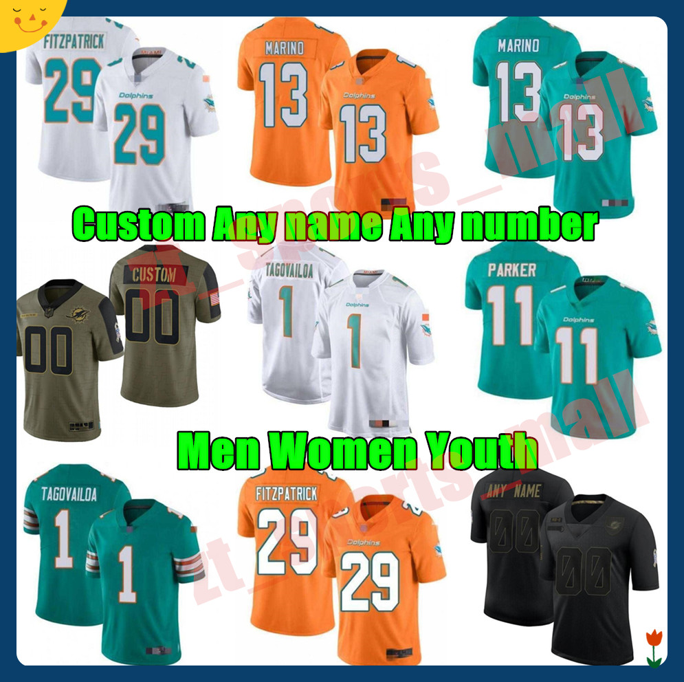 

Men Women youth Football Jerseys 13 Dan Marino 29 MINKAH Fitzpatrick 11 Devante Parker 17 Jaylen Waddle 1 TUA TAGOVAILOA, As shown in illustration