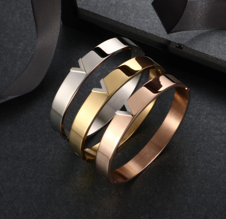 

High quality extra wide large 19cm 18k Gold Rose Silver Bangle Femme boys Letter V Shape Titanium Steel Bangles Vintage Love Bracelets For Women men Wholesale