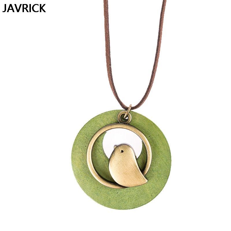 

Pendant Necklaces Green Handmade Wood With Bird Vintage Long Necklace Sweater Chain Women, Silver