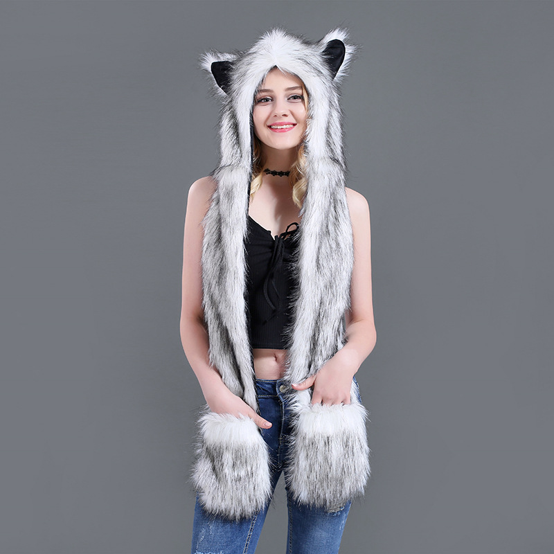 

Winter European and American Imitation Fur Hats Plush Animal Hats Good Looking Cute Cartoon Hats Scarf Gloves One Spot, Blue;gray