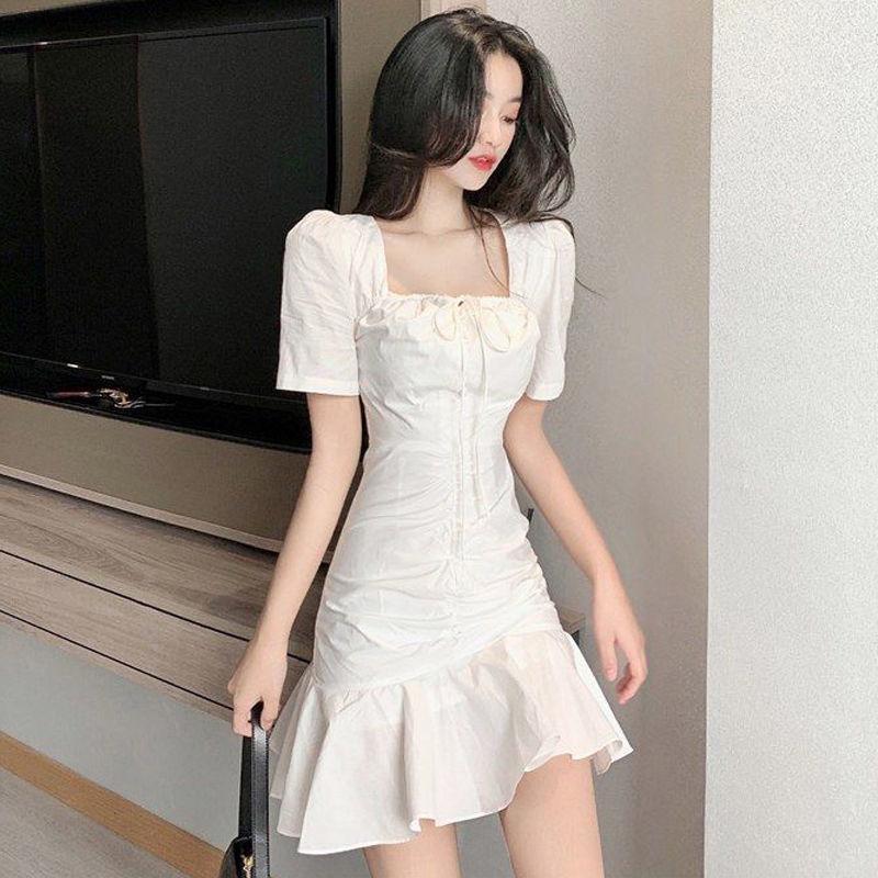 

Casual Dresses Summer Women' Mermaid Dress 2021 Korean Ladies Square Neck Short Sleeve White Tunic Wrap Hip Mini WDC8287