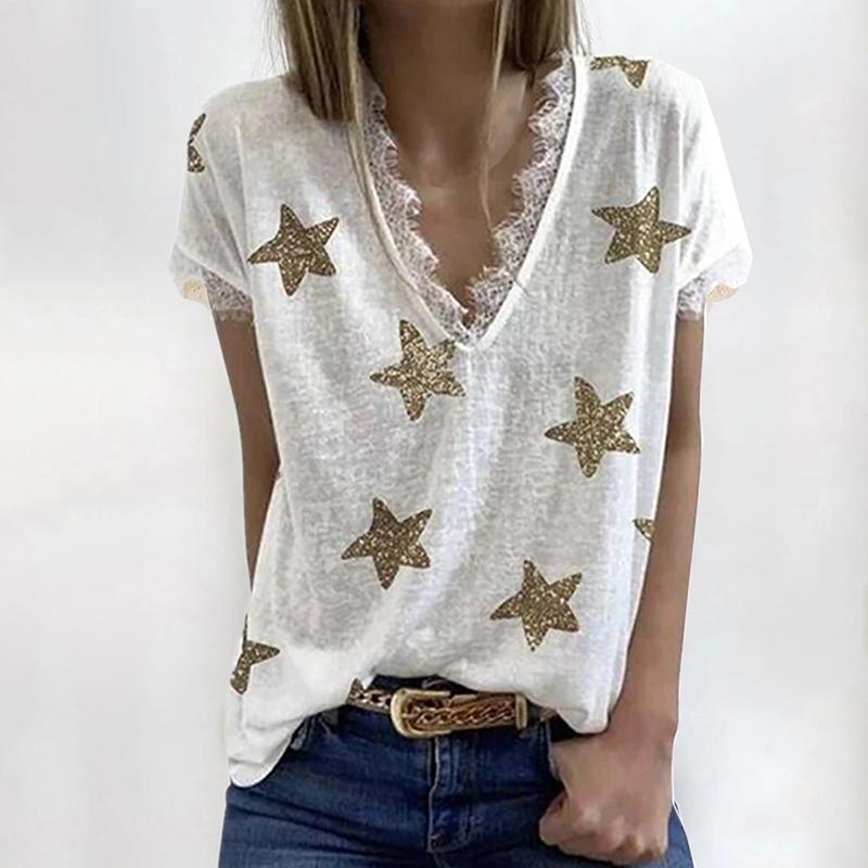 

Women's T-Shirt Women Lace Star Print T-shirts V-Neck Short Sleeve Solid Color T Shirts 2021 Summer Female Casual Loose Tops Tees S