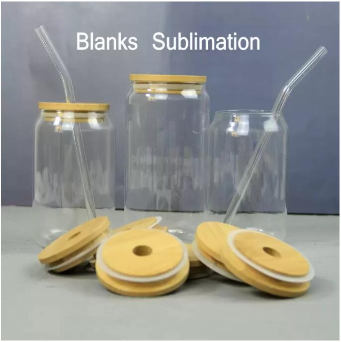 

US Stock Sublimation Glass Beer Mugs with Bamboo Lid Straw DIY Blanks Frosted Clear Can Tumblers Cups Heat Transfer 15oz Cocktail Iced Coffee Soda Glasses C0114, 48pcs/carton