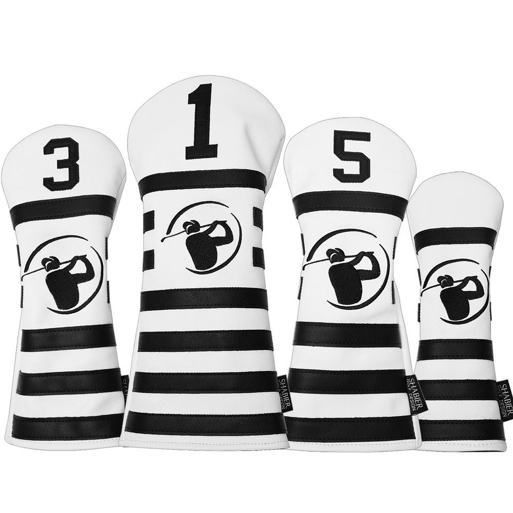 4pcs / Set PU Leather White Black Stripes Golf Club Cover Driver FW Fairway Wood Hybird Headcovers-image-710670961