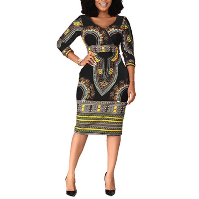 

Womens Plus Size Dresses Casual African Ladies Elegant Wrist High Waist V Neck Vintage For Work Office Business Fashion Slim Vestidos Dress Midi
