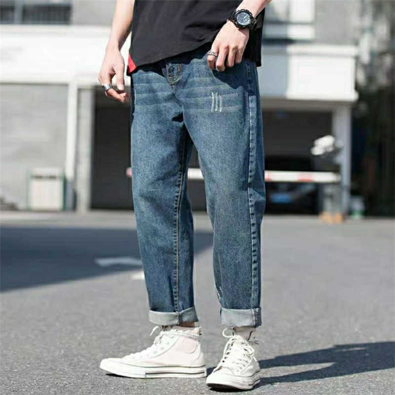 

Trendy 2020 Mens Washed Straight Jeans Autumn Winter Streetwear Male Loose Pants Mid-Waist Outdoor Leisure Jeans para hombre X0621, Blue jeans