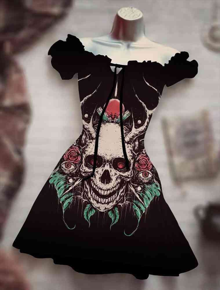 

summer selling 3d printed skull women dresses temperament commuter casual drawstring high waist case ladies fashion trendy dress, Black;gray