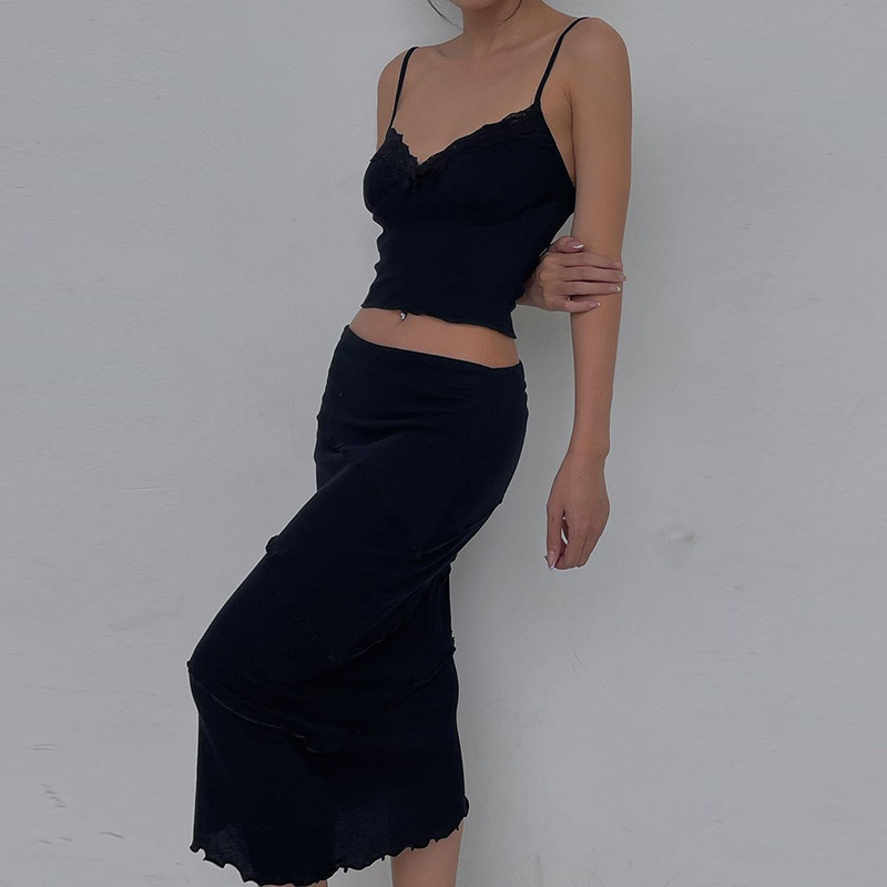 

Two Piece Skirt Set Women Outfit Sleeveless Summer Casual Slim Skinny Knee-length Lace Matching Set Suit Summer Short, Black;gray