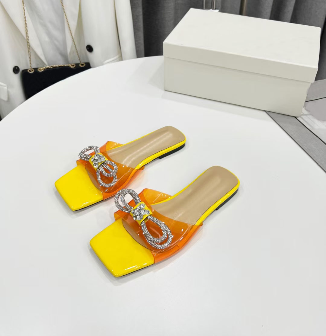 

Bow slippers fashion designer shoes summer flat bottom PVC slip diamond shoes indoor beach comfortable luxury sending box size 35-42, Red