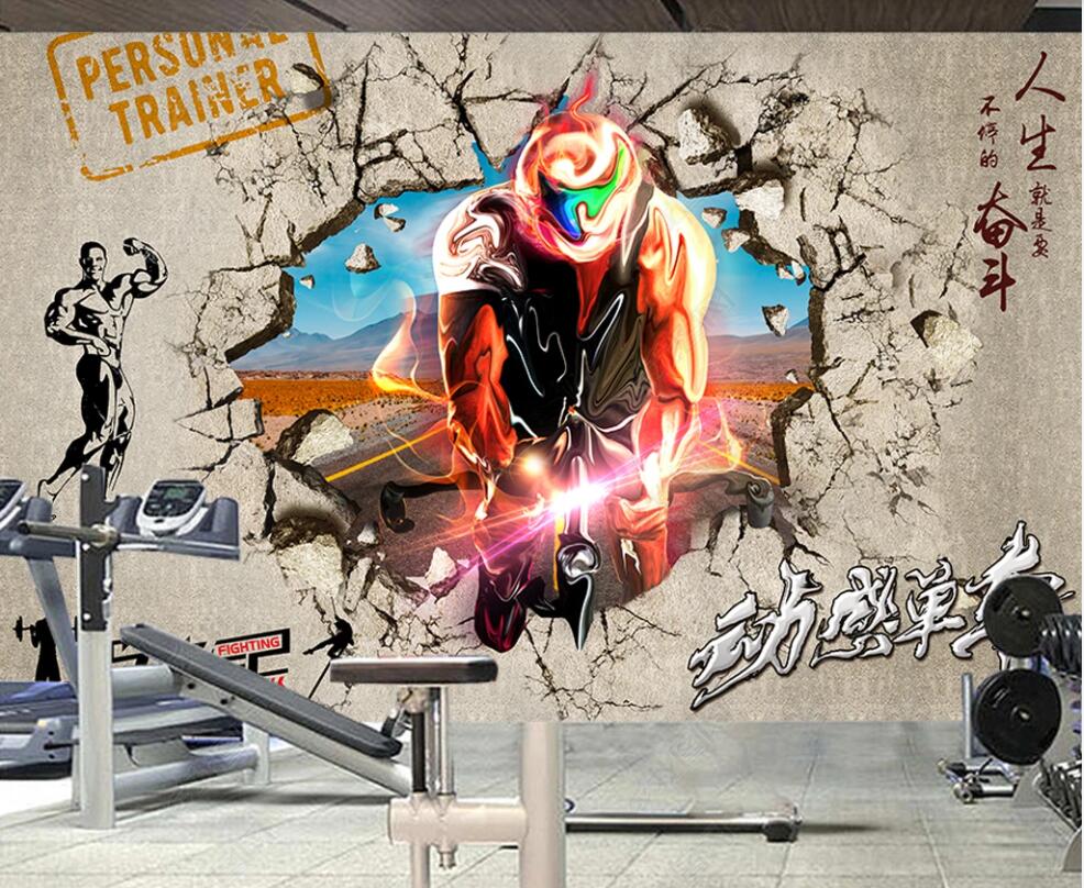 Custom murals 3d photo wallpaper on the wall Cement breaking wall exercise fitness spinning bike home decor living room 3d wall murals wallpaper-image-707424395