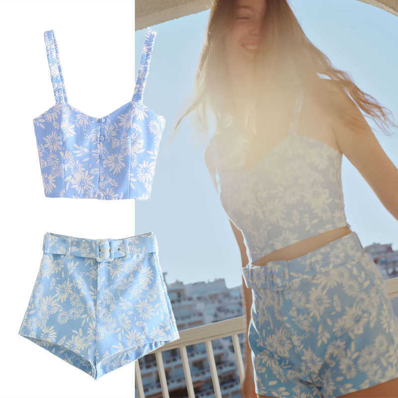 

Za Floral Print Belted Blue Shorts Women High Waist Vintage Summer Shorts Woman Fashion Front Zip Side Pockets Short Pants 210602