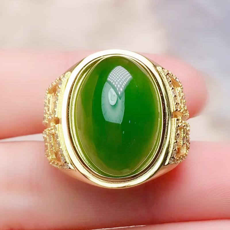 

Cluster Rings Per Jewelry Men Ring Natural Real Green Jade 12*16mm 11ct Gemstone 925 Sterling Silver Q2042935, Golden;silver