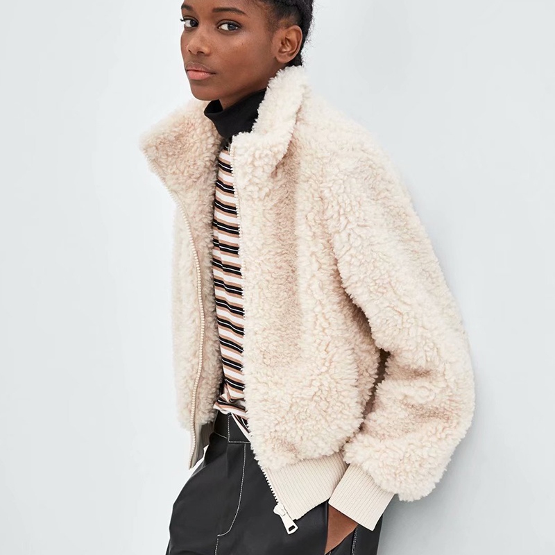 

Paris Girl Women Stand-up Collar White Lamb Wool Jacket Autumn Winter Warm Soft Thick Plush Zipper Overcoat Short Outerwear 210524, Beige