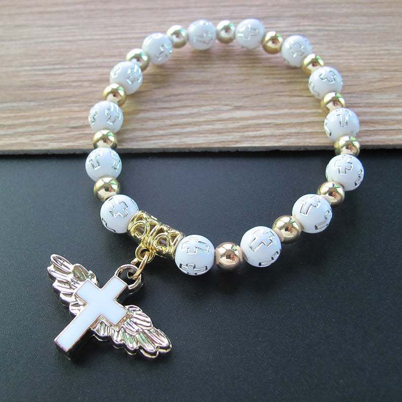 

Religious Bead Angle Wings Cross Bracelets Rosary Centerpiece Sacred Heart Of Mary Mercy Jesus Saint Icons Jewelry