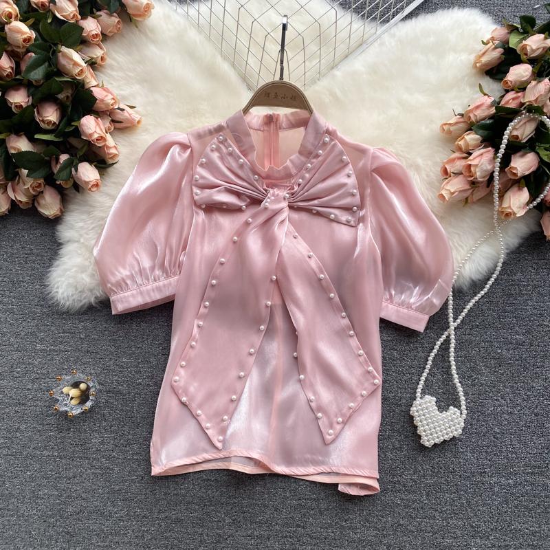 

Women's Blouses & Shirts 2021 Heavy Industry Beaded Bow Slim Fit All-match Age-reducing Puff Sleeve Shirt, White